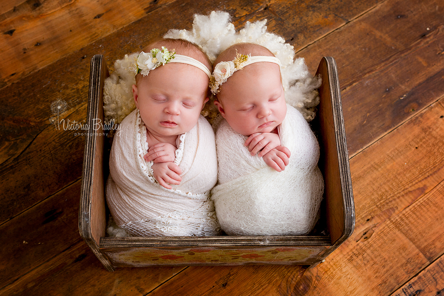 twin newborn girls in wooden crib with cream lace wrap and pretty tie backs