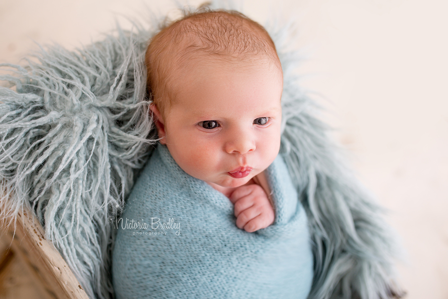 wrapped newborn boy, duck egg knitted wrap