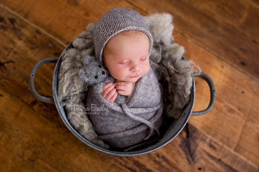 newborn in grey bucket with grey wrap and teddy