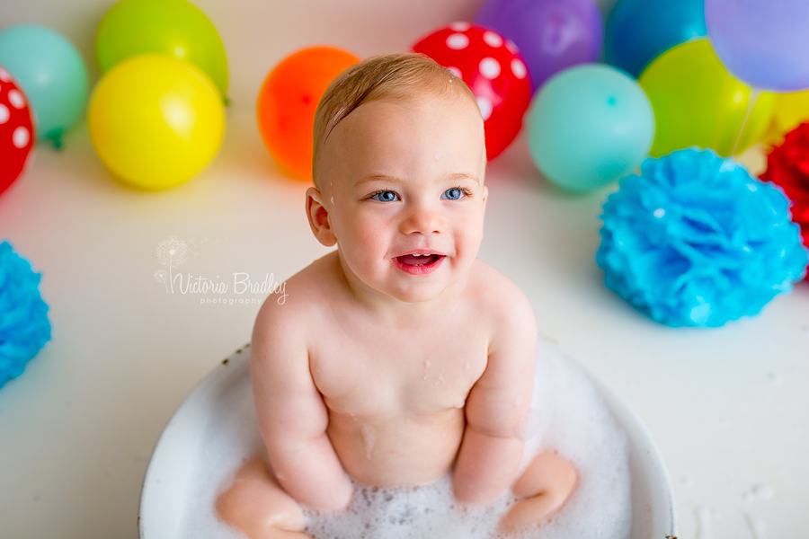 baby boy rainbow cake smash nottinghamshire vintage white bath tub