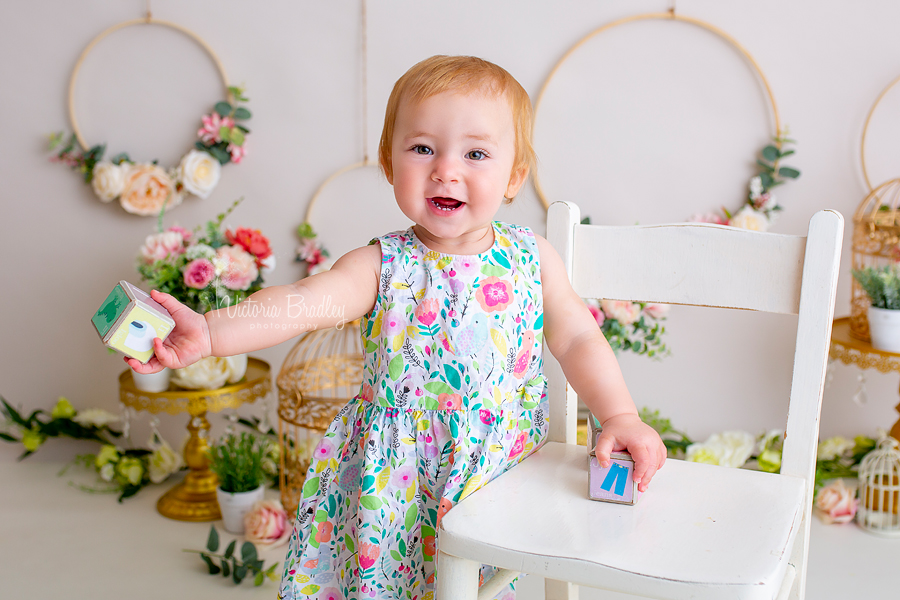 baby girl cake smash floral set with blocks and white chair