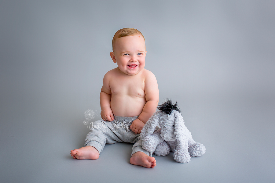 sitter baby on grey with grey donkey