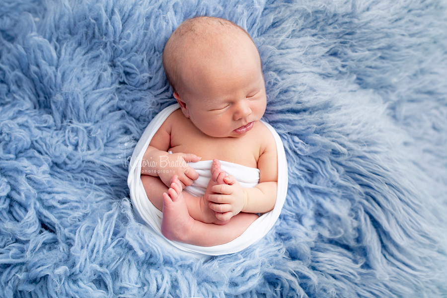 wrapped newborn on blue flokati, newborn photography