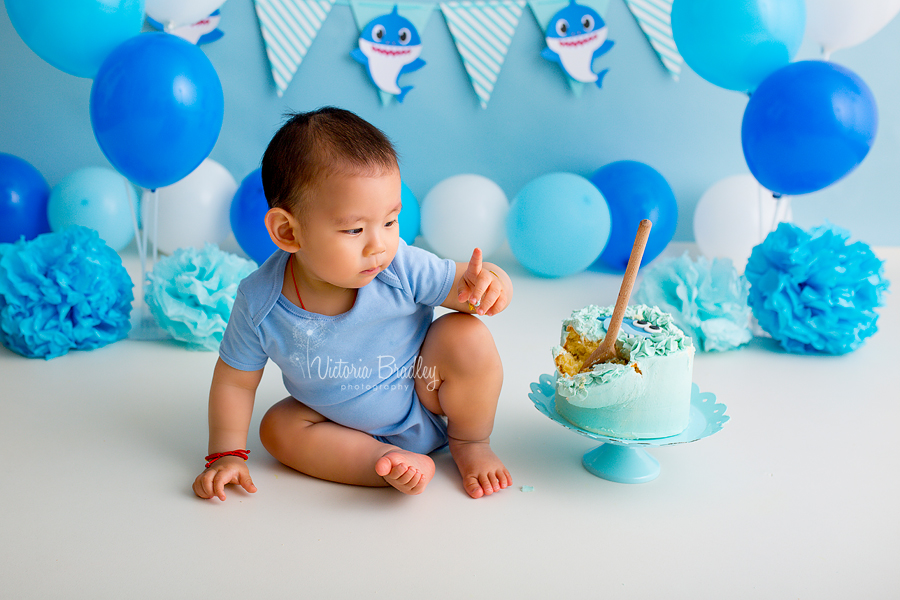 first birthday cake smash photography blues, whites baby shark