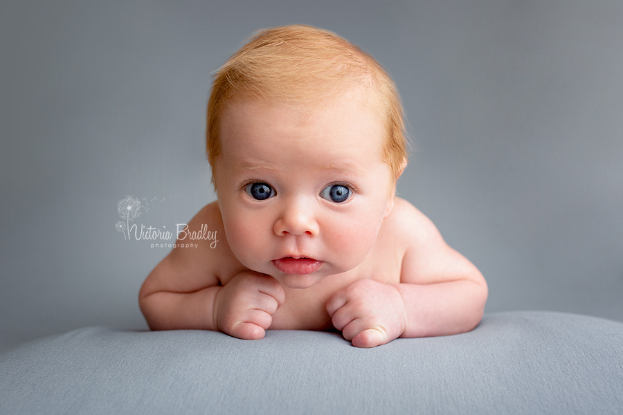 baby photography. baby on tummy on grey backdrop