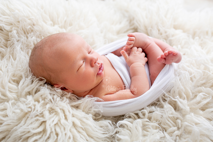 newborn photography wrapped baby boy on cream flokati
