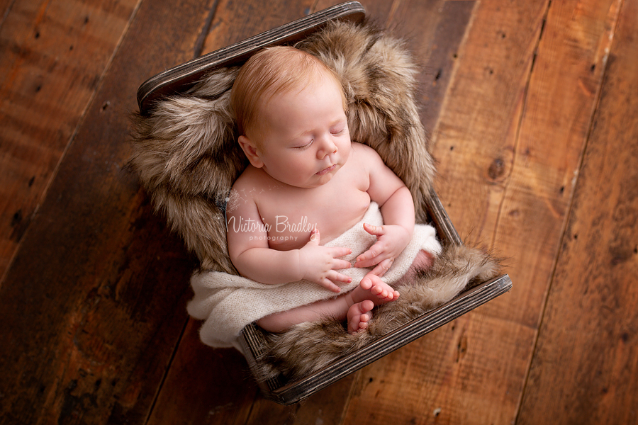 sleepy newborn boy in little wooden bed with fur