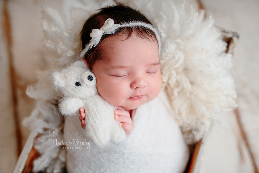 baby girl with white teddy neborn photography