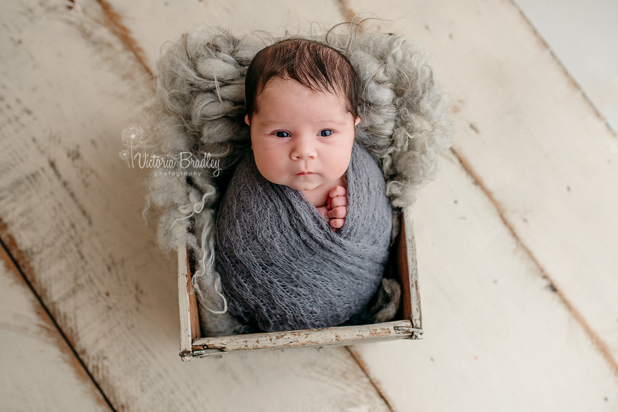 wrapped newborn in grey wrap in a crate on cream wooden floor