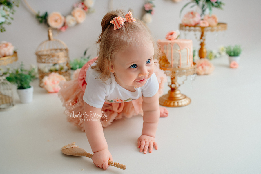 baby girl cake smash peach floral hoops