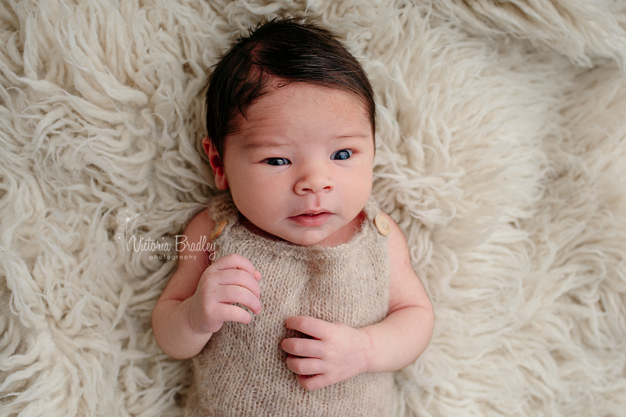 baby boy newborn photography session on cream flokati