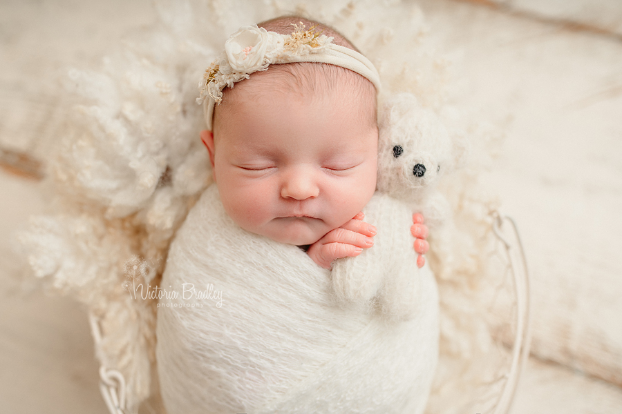 wrapped newborn with teddy