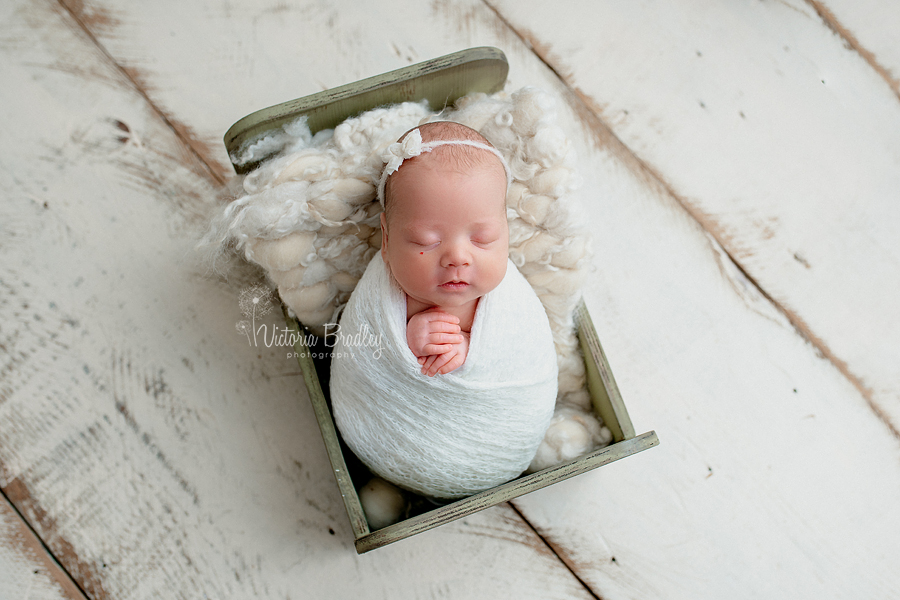 wrapped newborn baby in mini bed