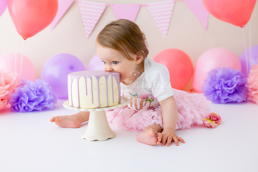 baby girl pink and purple cake smash