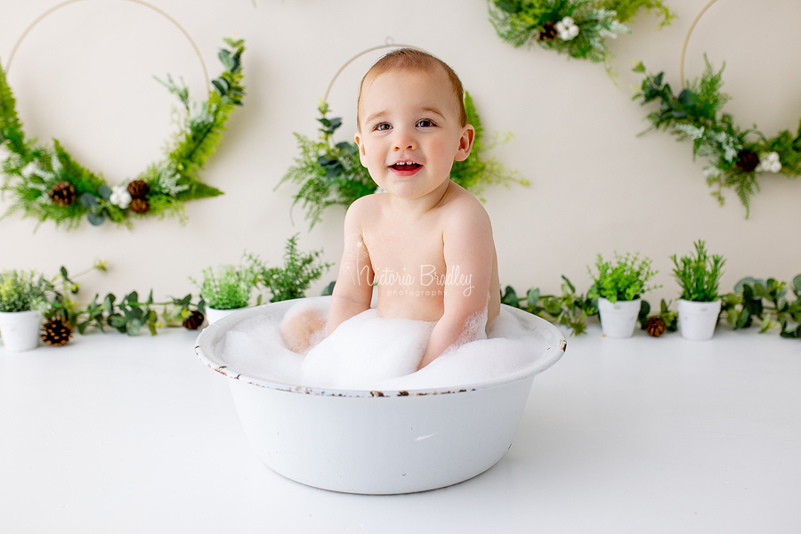 baby boy cake smash in vintage tub