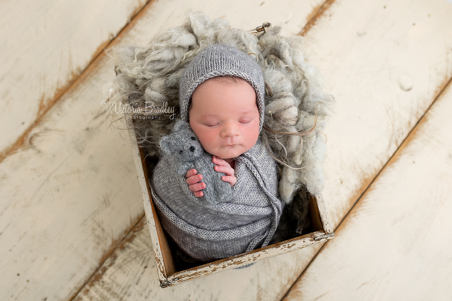 wrapped newborn with grey teddy