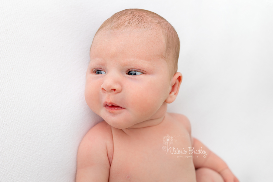 awake newborn on white backdrop