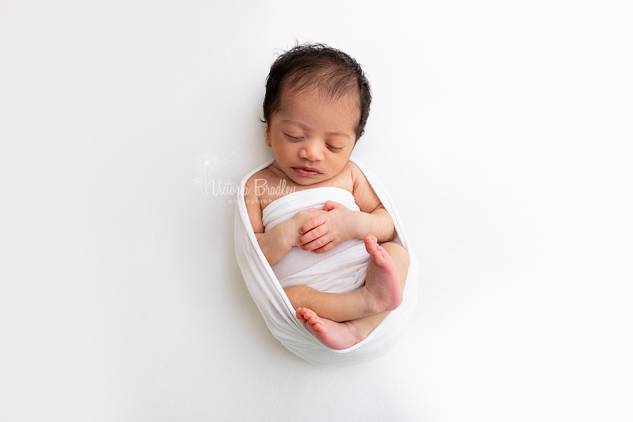 wrapped newborn boy on white backdrop