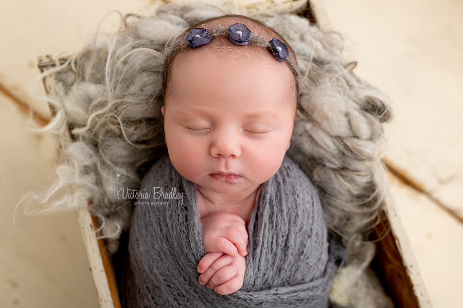 wrapped newborn baby girl in grey