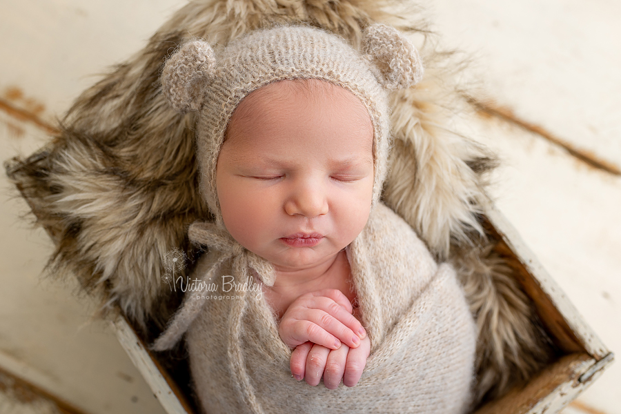 wrapped newborn images with bear hat