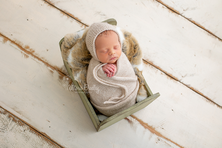 wrapped newborn in mini bed