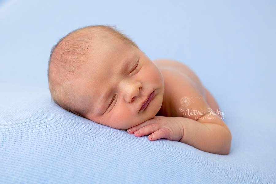 newborn, chin on hand pose on baby blue backdrop