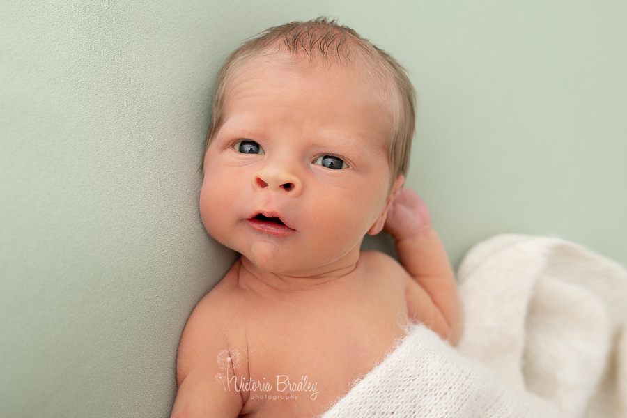 awake newborn on sage green