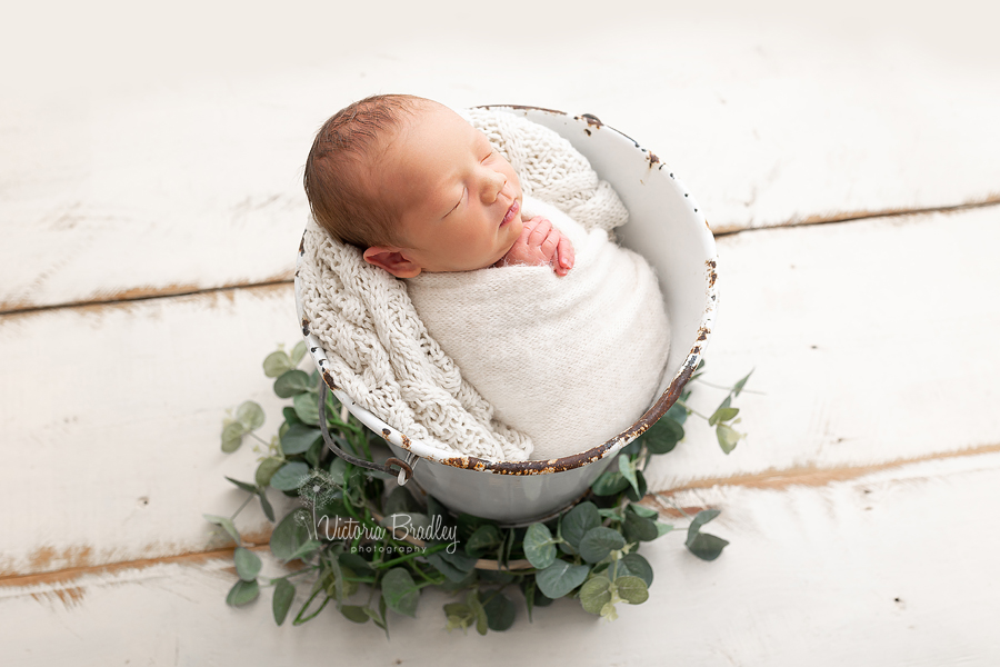 wrapped newborn in bucket with greenery