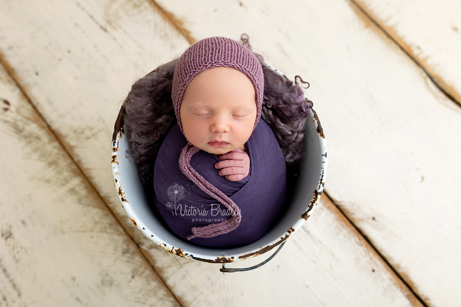 newborn mini session, baby girl in purple wrap